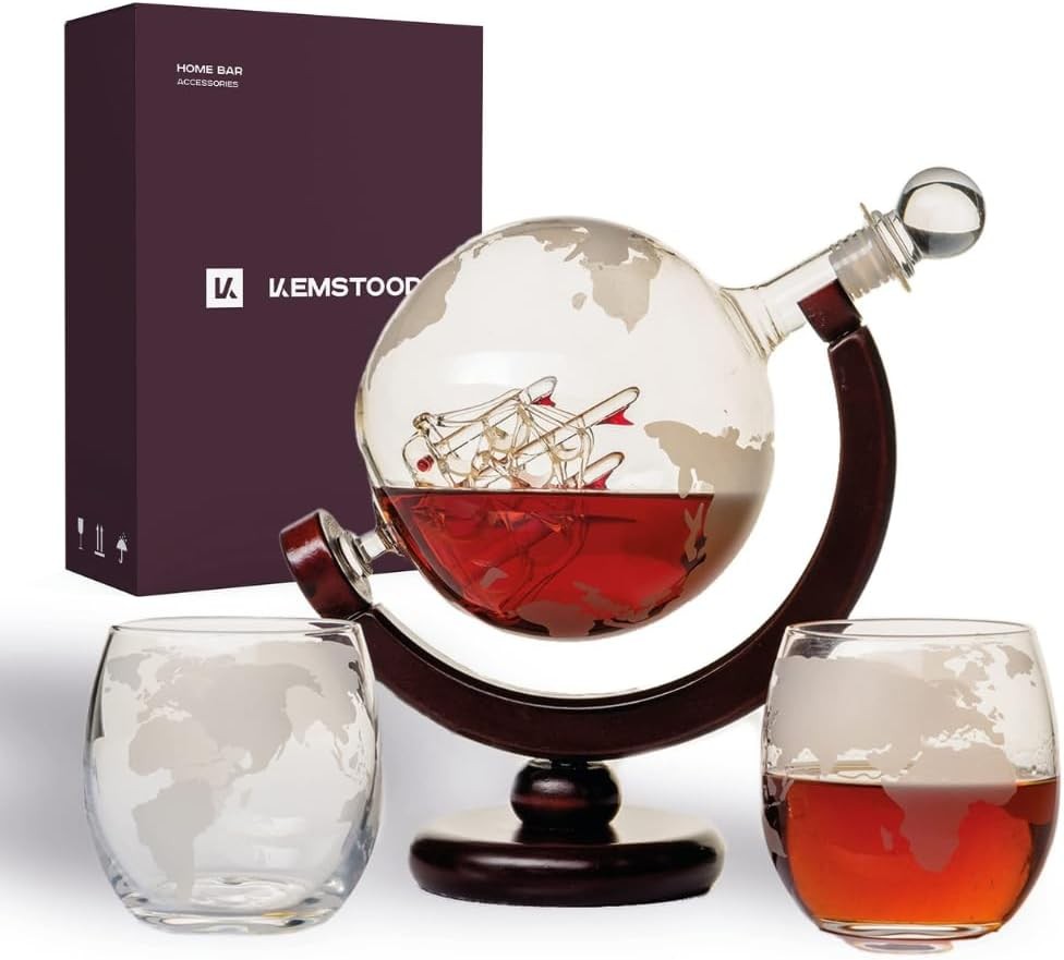 Globe Whiskey Decanter 850ml with 2 Etched Glasses Premium Gift Set
