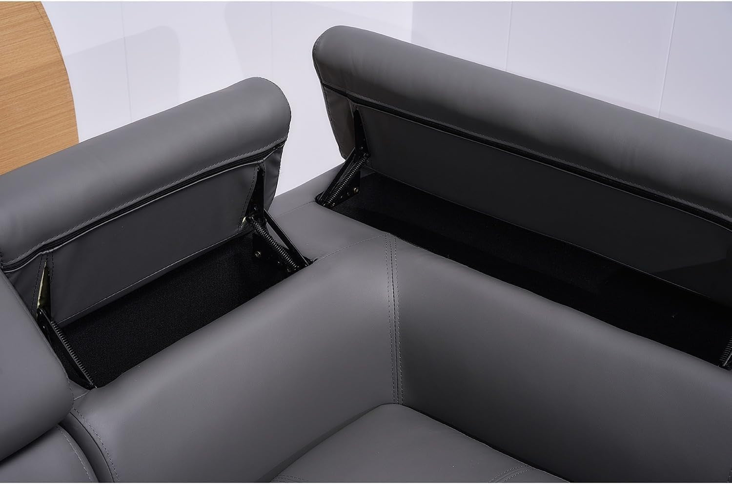 Adjustable Headrest Grey Bonded Leather L-Shape Corner Sofa with Cup Holders