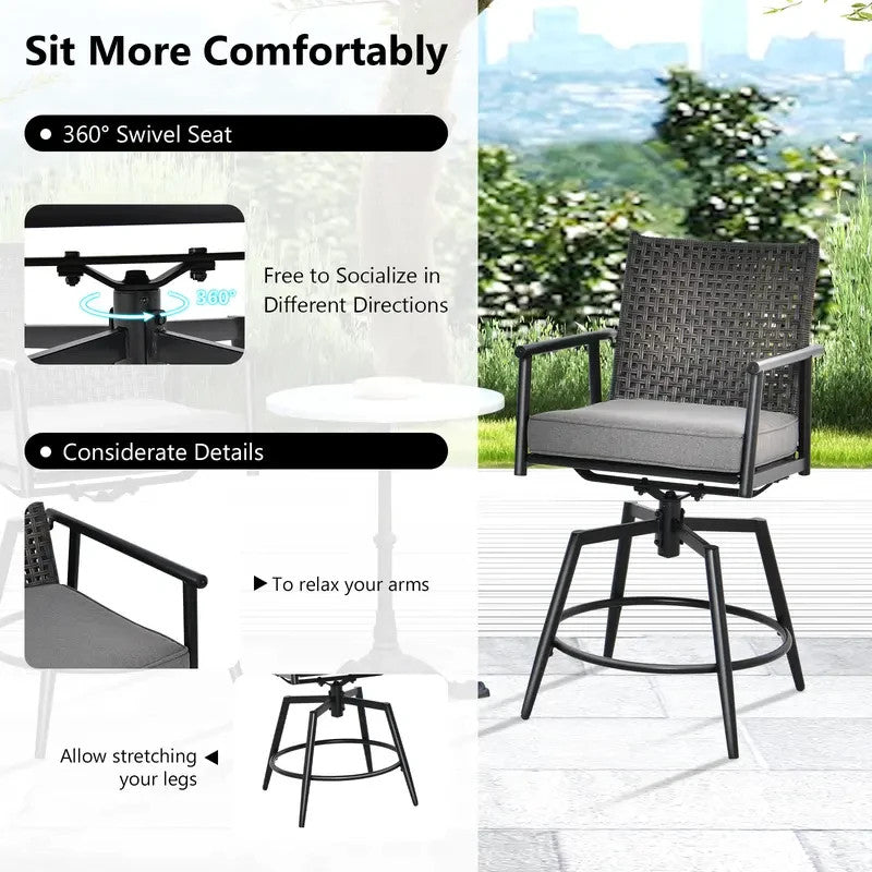 Outdoor Swivel Bar Stools Set of 2 Rattan Cushioned Garden Patio Chairs