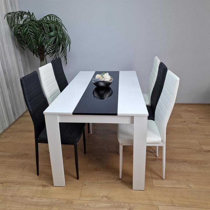 White Gloss Dining Table Set with 6 Faux Leather Chairs Modern Kitchen