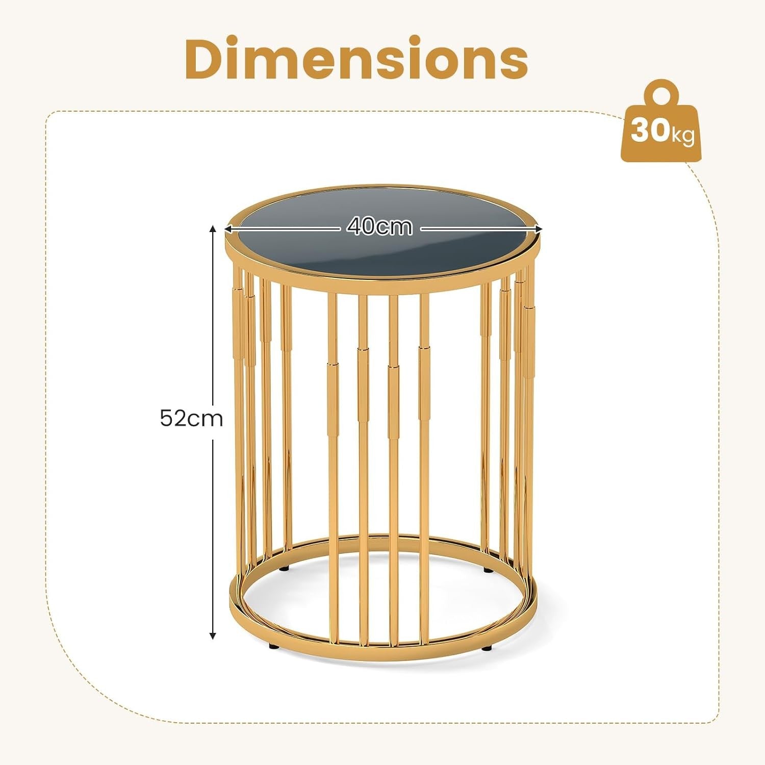 Round Gold Side Table with Glass Top | Modern Accent Sofa End Table 40cm