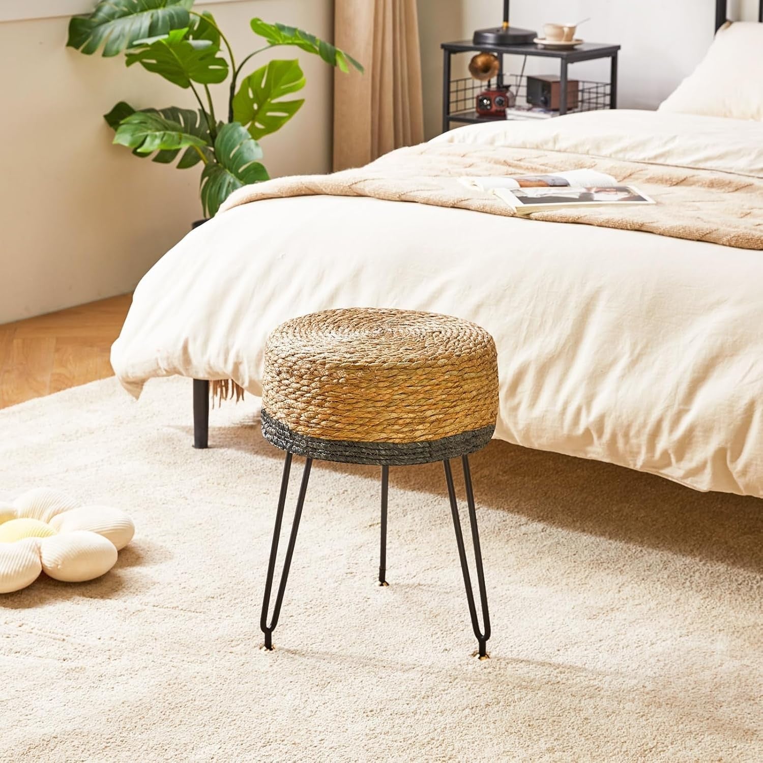 Black Seagrass Woven Footstool Pastoral Round Stool Metal Legs 32×32×45cm