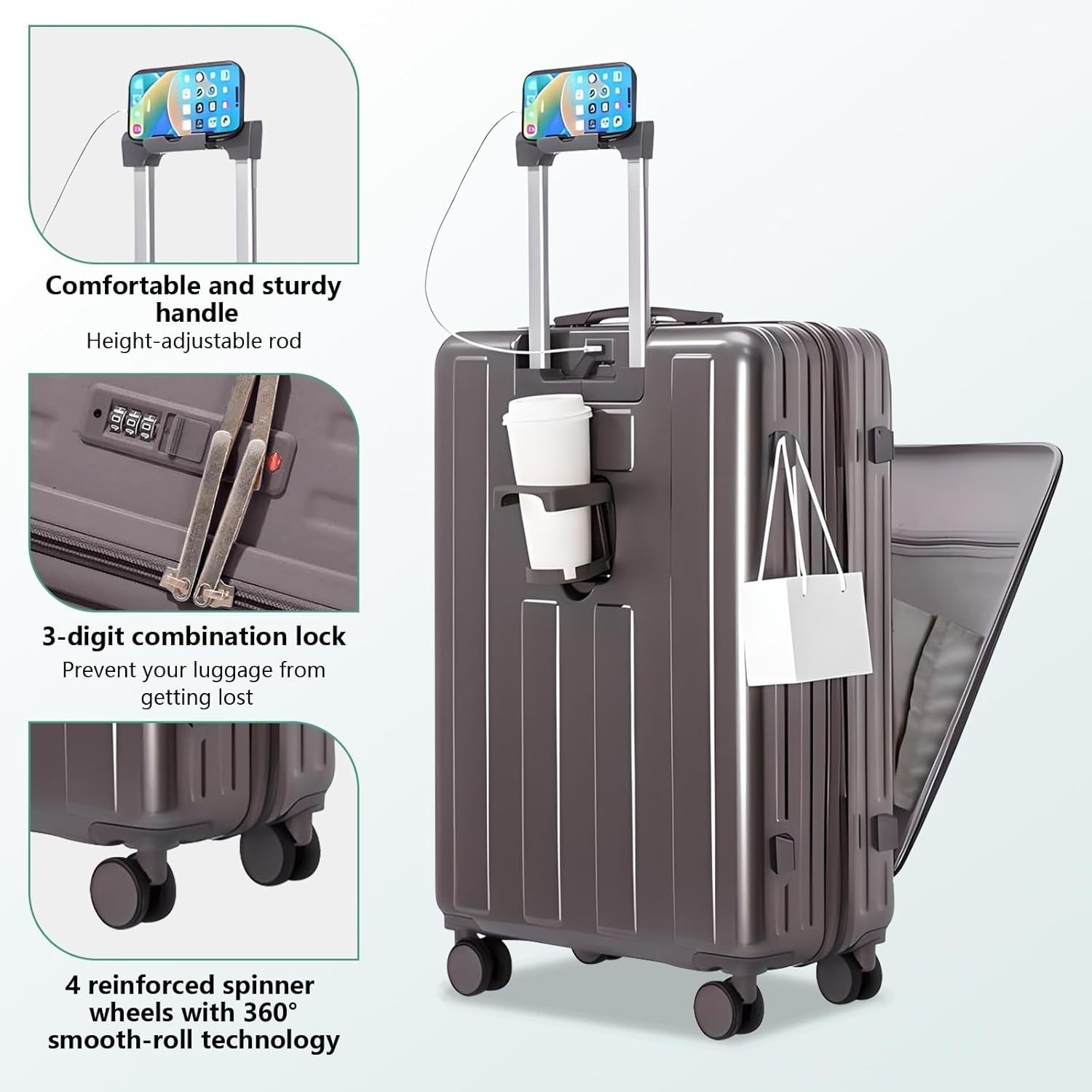 Gray 20” Cabin Spinner Suitcase Hard Shell USB Charging Carry On