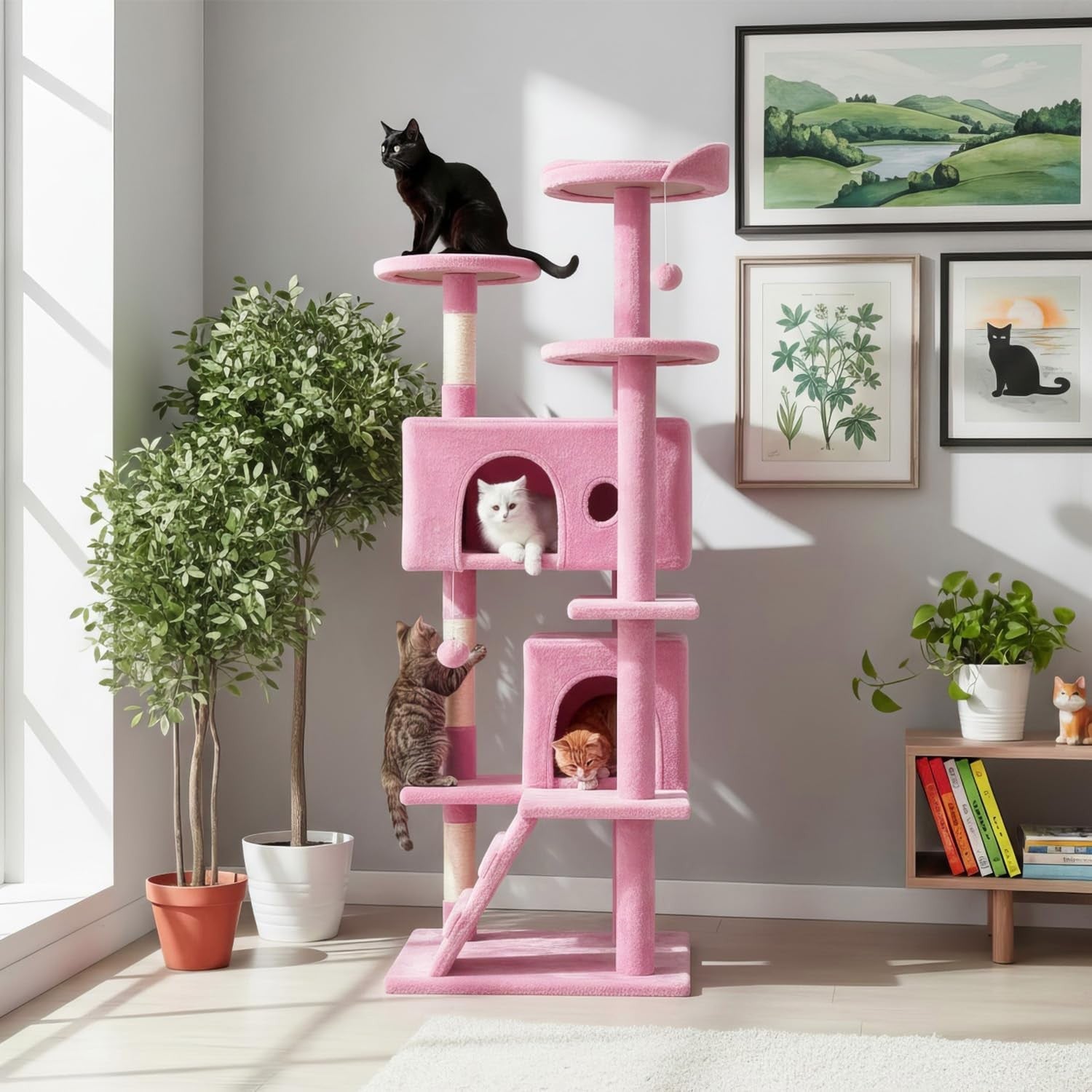 Pink Multi Level Cat Tree Tower 139cm with Condo Scratching Posts Play Centre