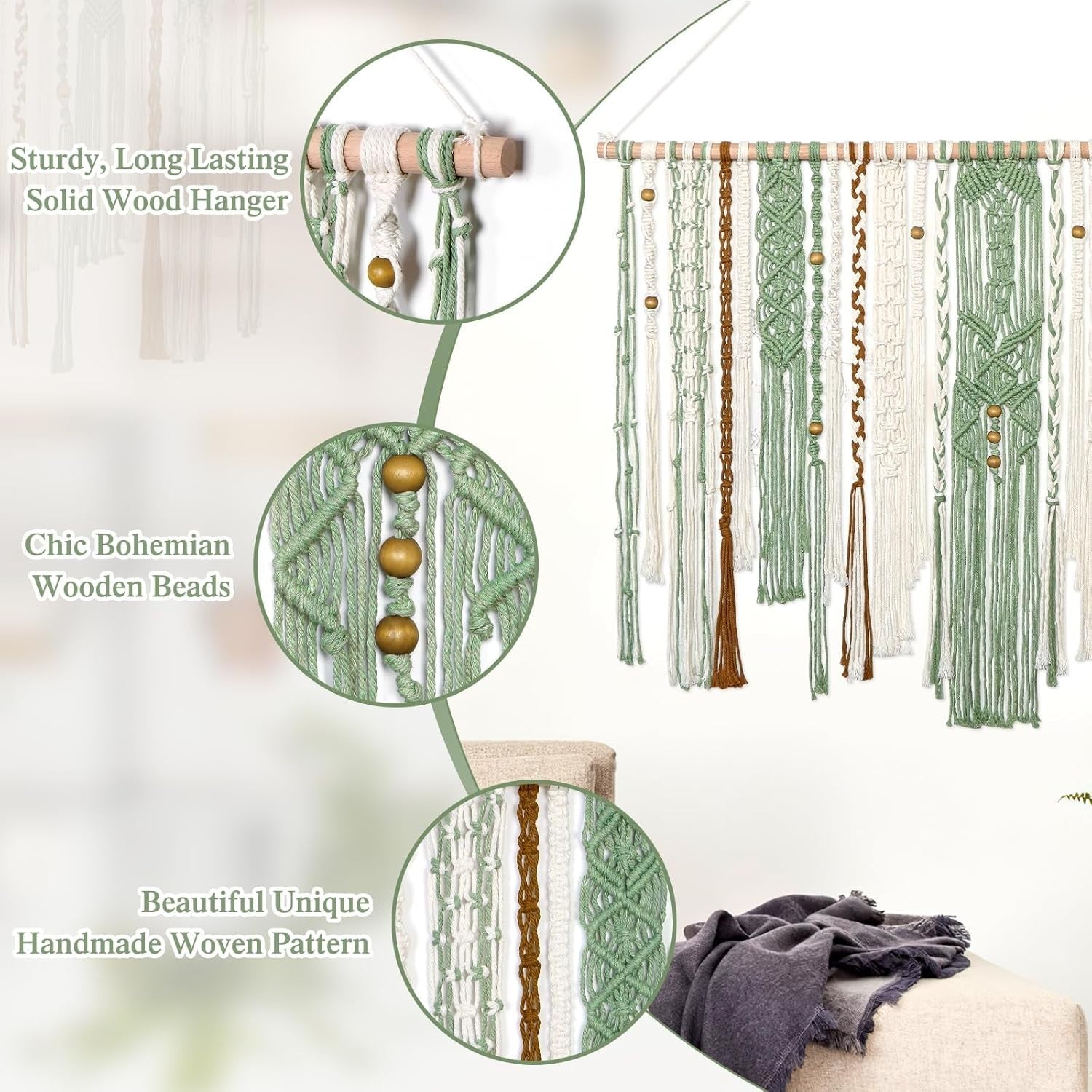 Large Green Macrame Wall Hanging 98x75cm Boho Woven Tapestry
