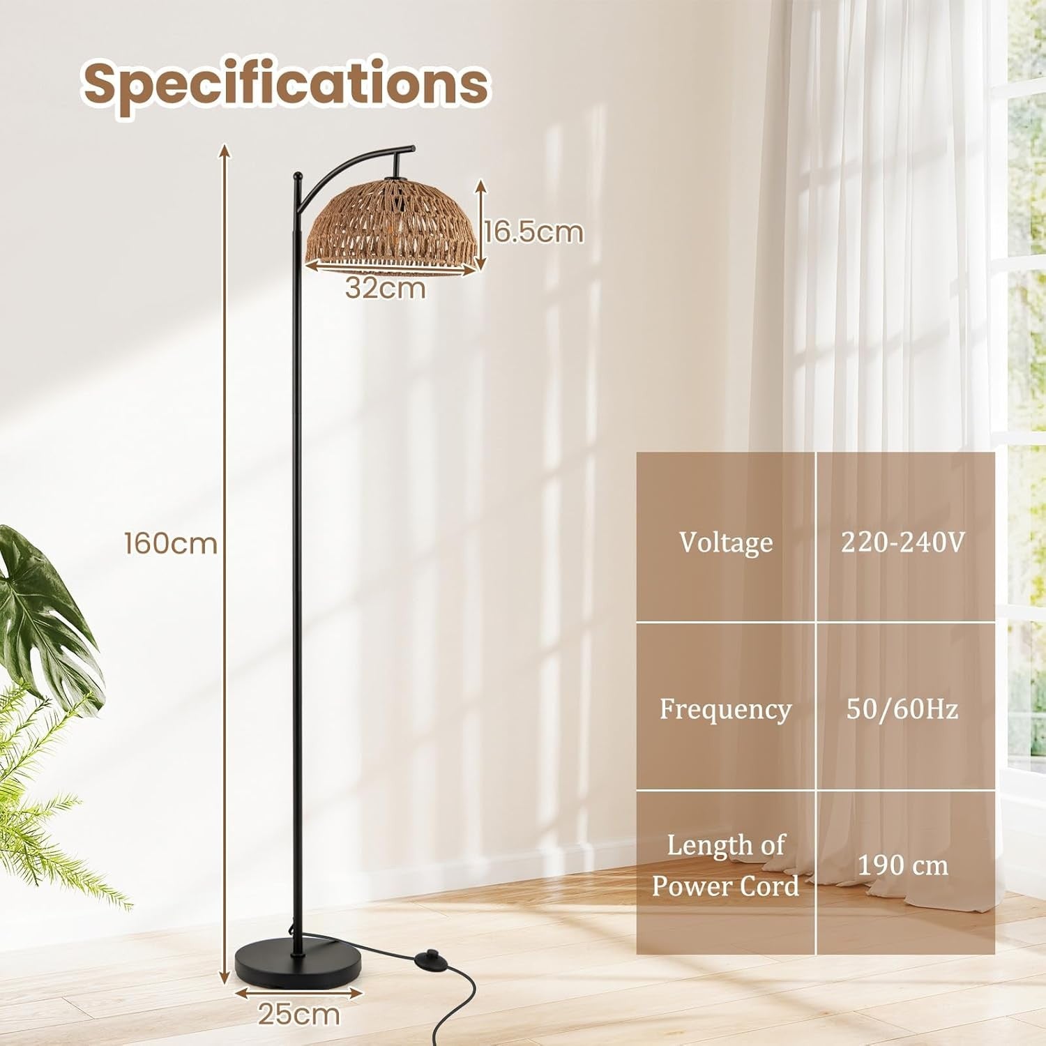 Arc Floor Lamp Natural Rattan Shade Black Stand Corner Reading Light 160cm
