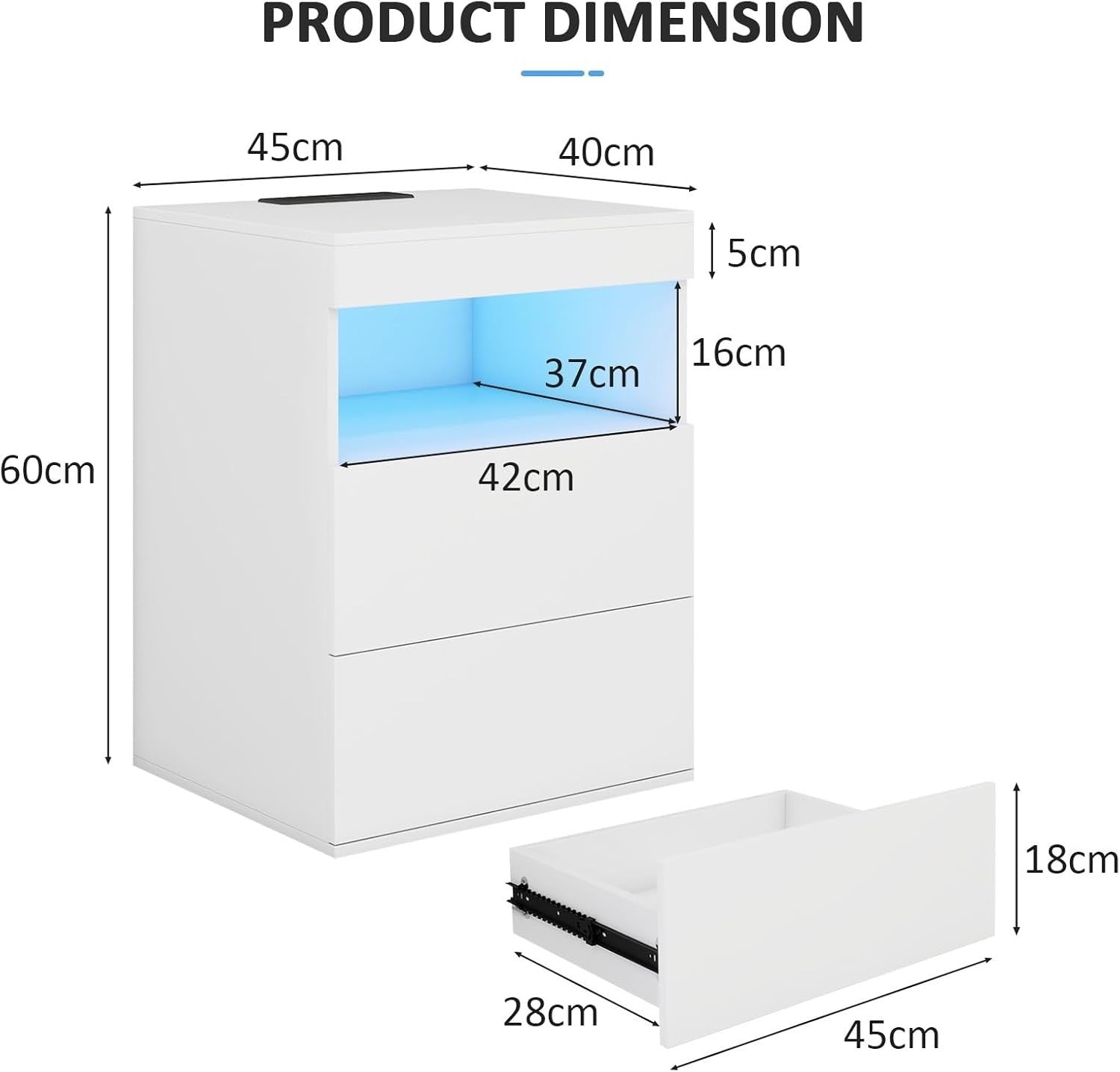 Modern White LED Bedside Table with Drawers & Charging Station Nightstand