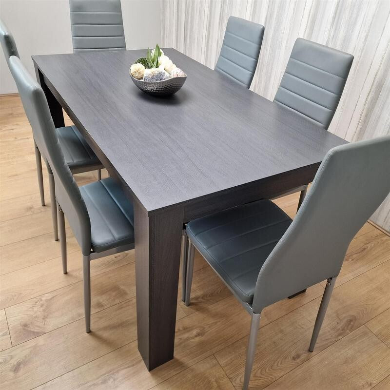 Dark Grey Dining Table Set with 6 Faux Leather Chairs Modern Kitchen