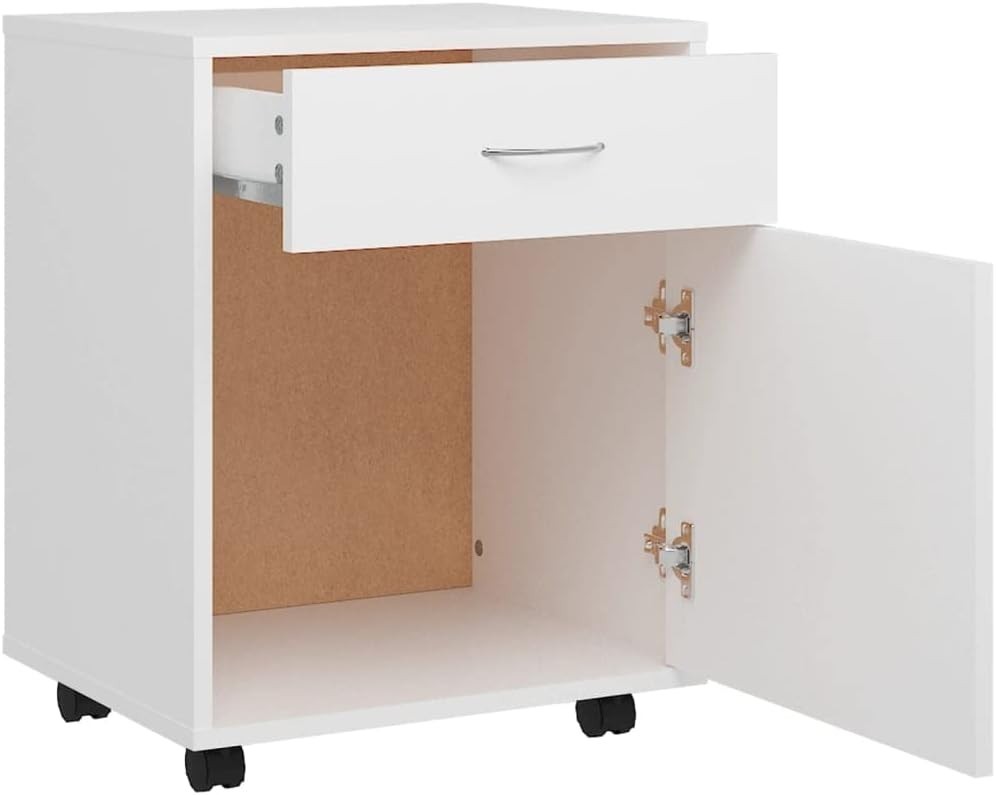 Rolling Storage Cabinet with Drawer and Door Mobile Office White Dent Resistant