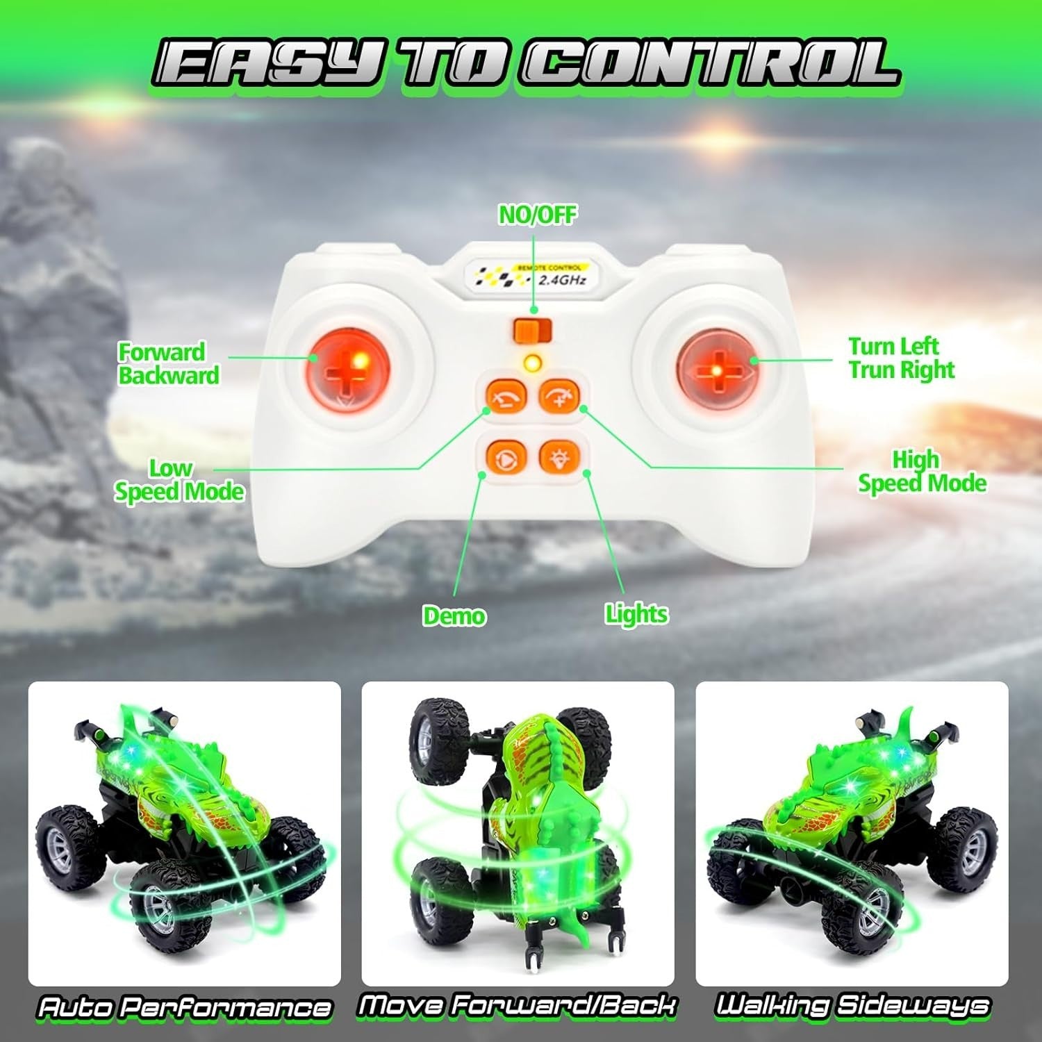 Dinosaur RC Car with LED Eyes – 2.4GHz Rechargeable Stunt Toy for Kids 6–12