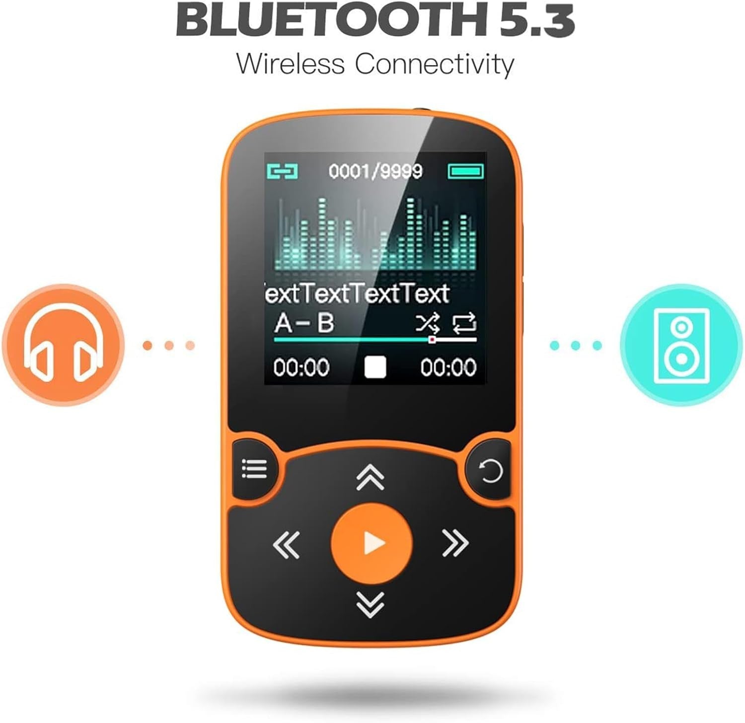 32GB Bluetooth 5.3 Sport MP3 Player Orange 1.5" Screen Clip