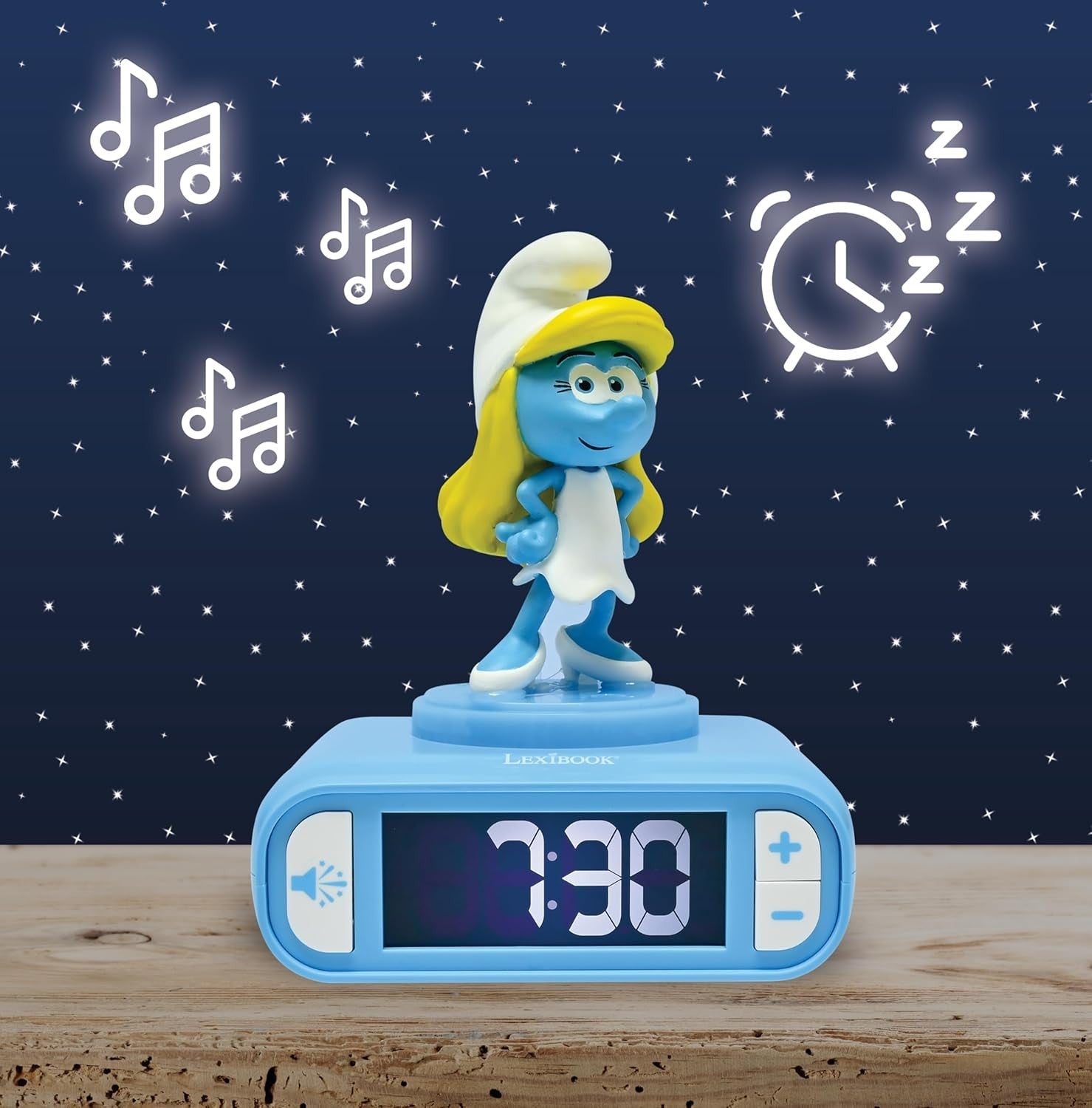 Kids Smurf Character Alarm Clock Night Light LCD Snooze Blue Yellow