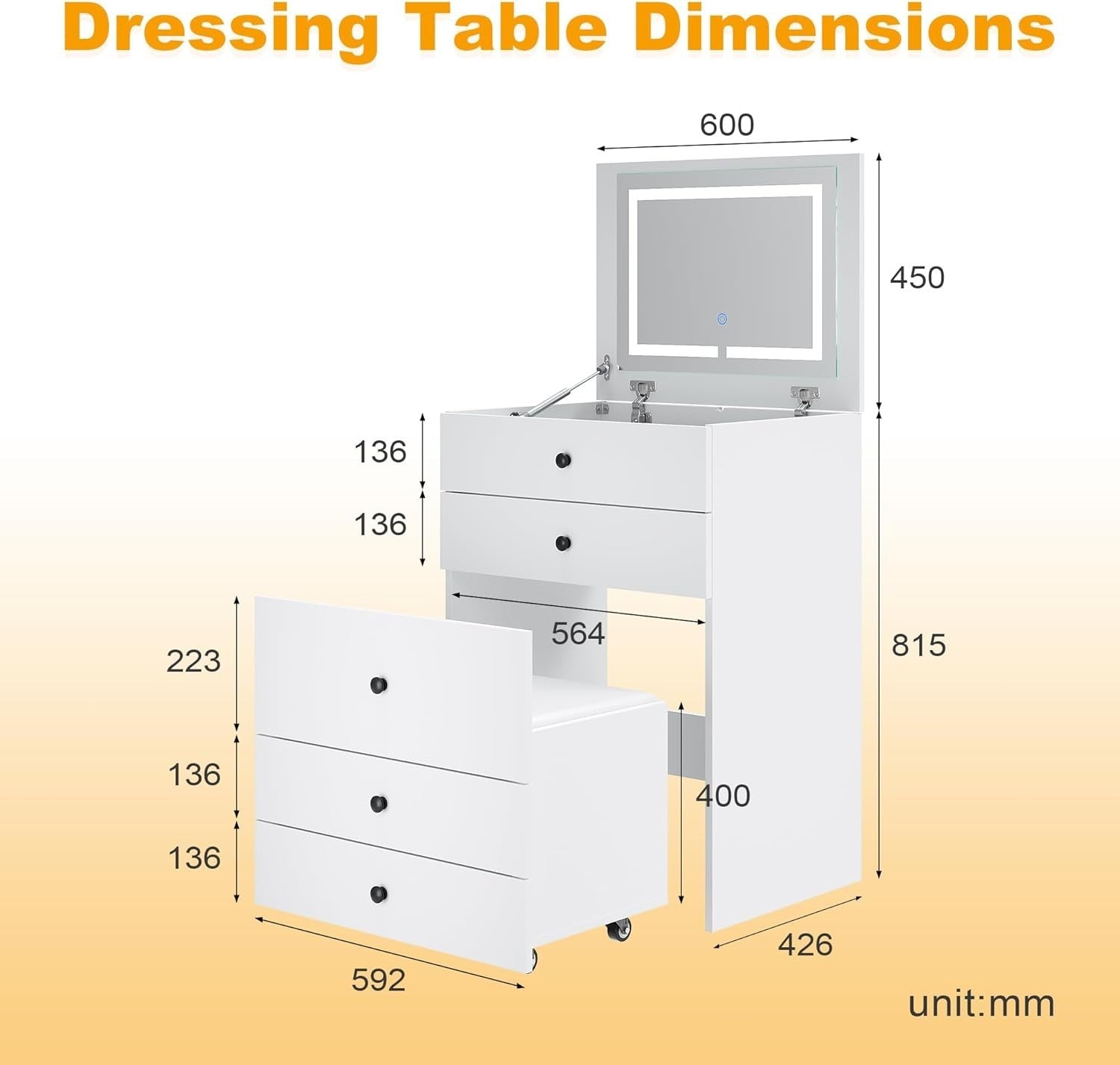 White Makeup Vanity Table with LED Mirror Lights, Flip Top Desk & Storage Stool