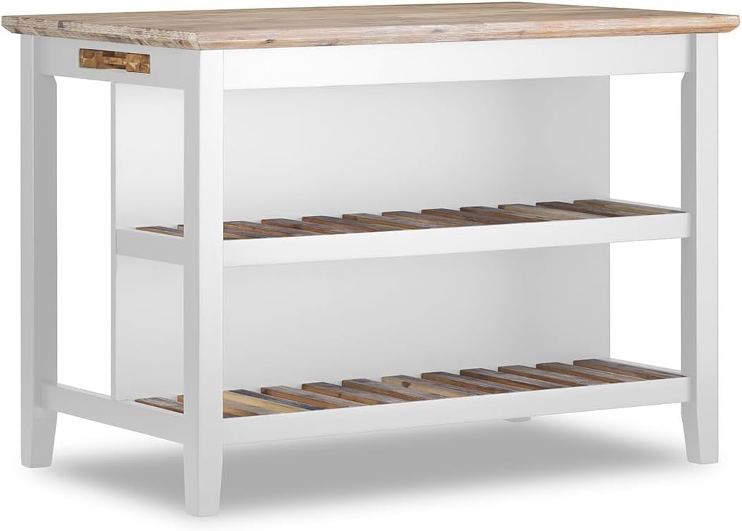 White Kitchen Island 126cm with Shelves, Hidden Tray & Acacia Wood Top Furniture