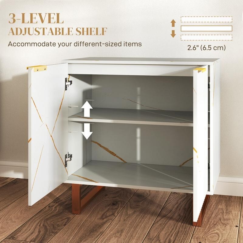 White Fluted Sideboard Cabinet with Gold Legs – Marble Effect Storage Unit