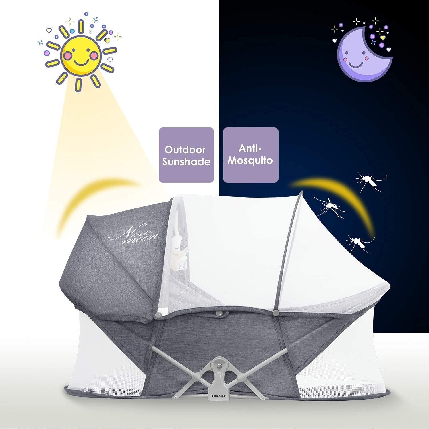 Portable Baby Travel Bassinet Crib with Mattress Foldable Cot & Canopy Grey