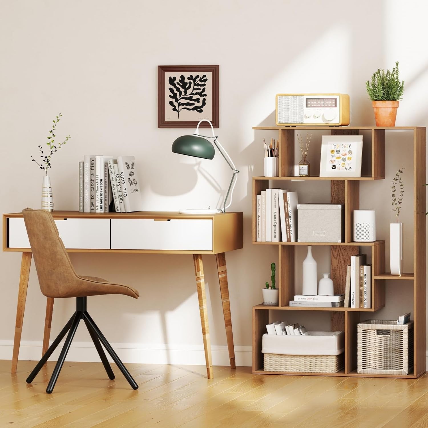 Modern 6-Cube S-Shape Bookcase Storage Unit with Anti-Tip Design – Natural Oak