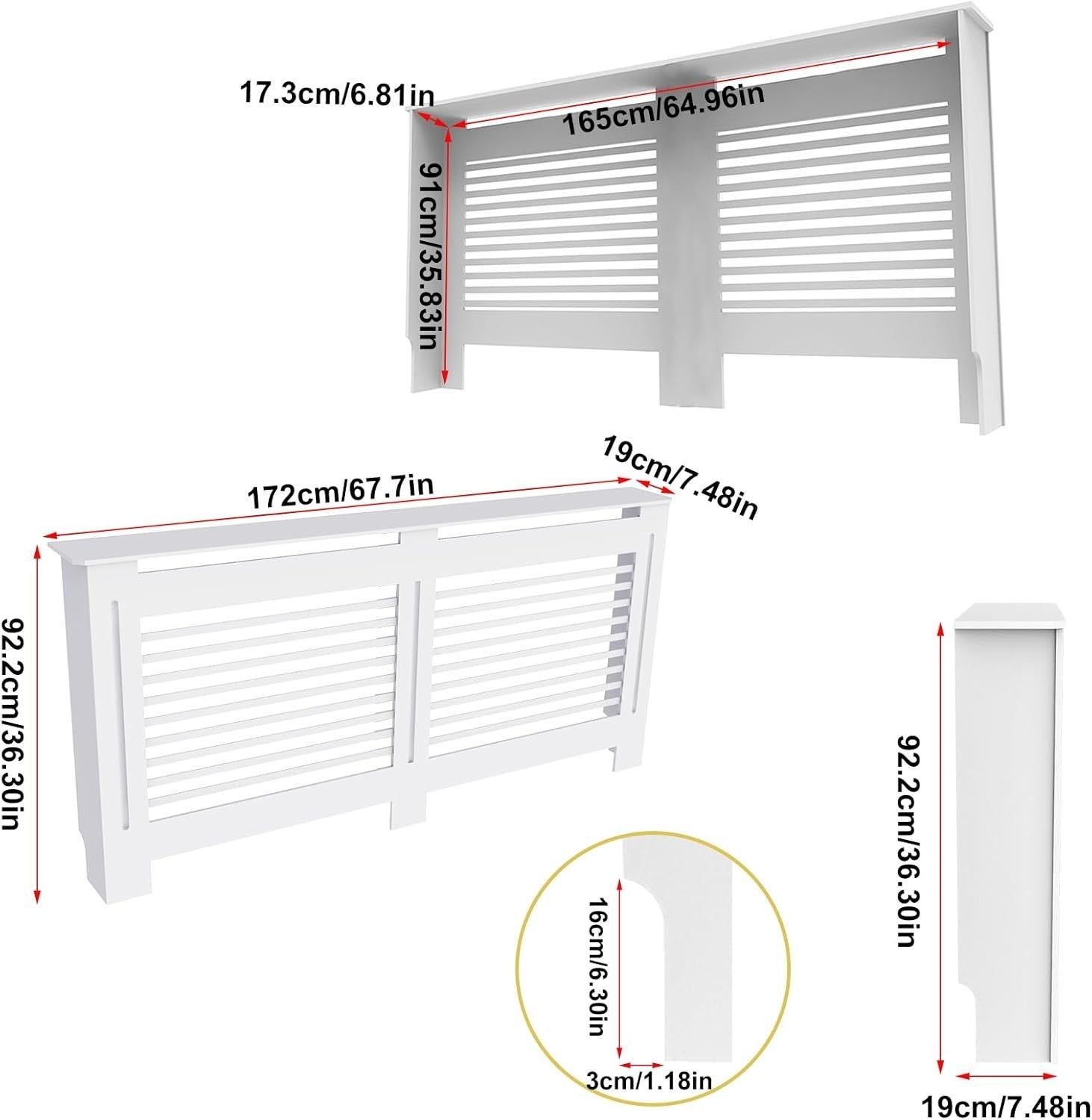 Extra Large White Radiator Cover Cabinet 92cm MDF Horizontal Slat Heater Shelf