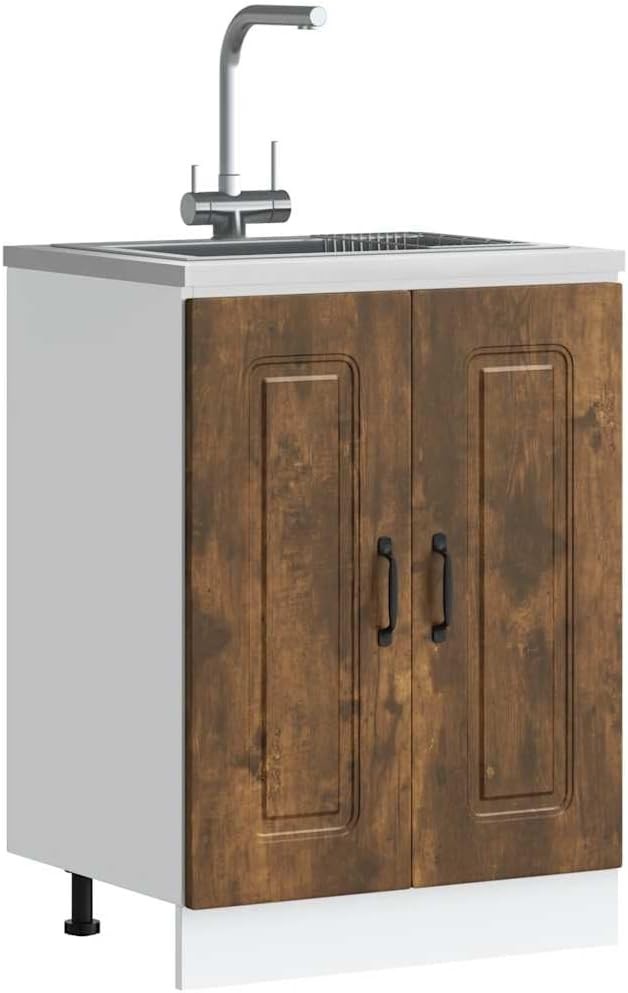 Rustic Oak Bathroom Vanity Cabinet 60cm Under Sink Storage Unit with Double Door