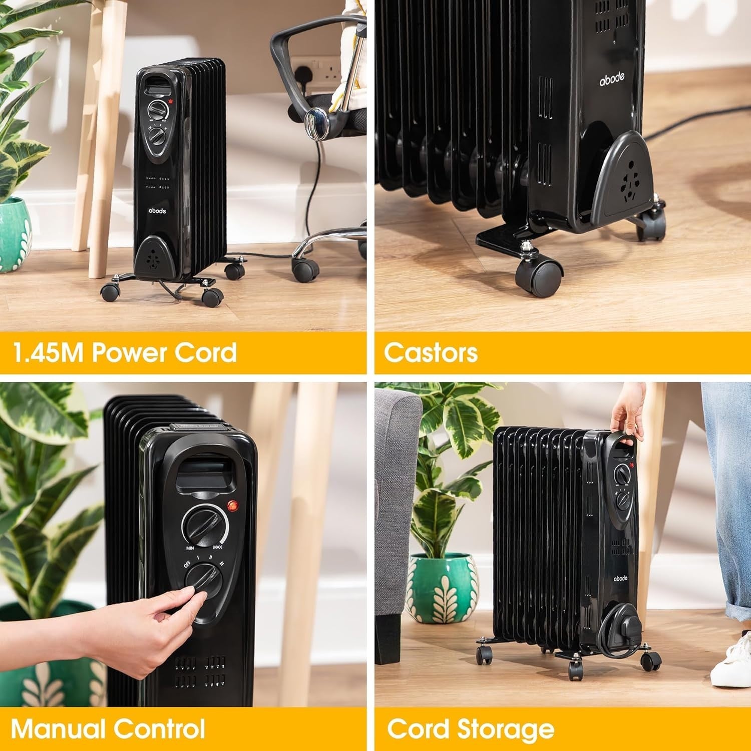 2000W Oil Filled Radiator Heater 9 Fin Portable Electric Thermostat Black