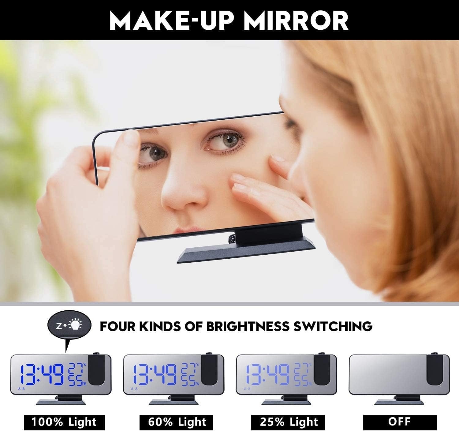 Black Projection Alarm Clock FM Radio USB Charger LED Temperature Display