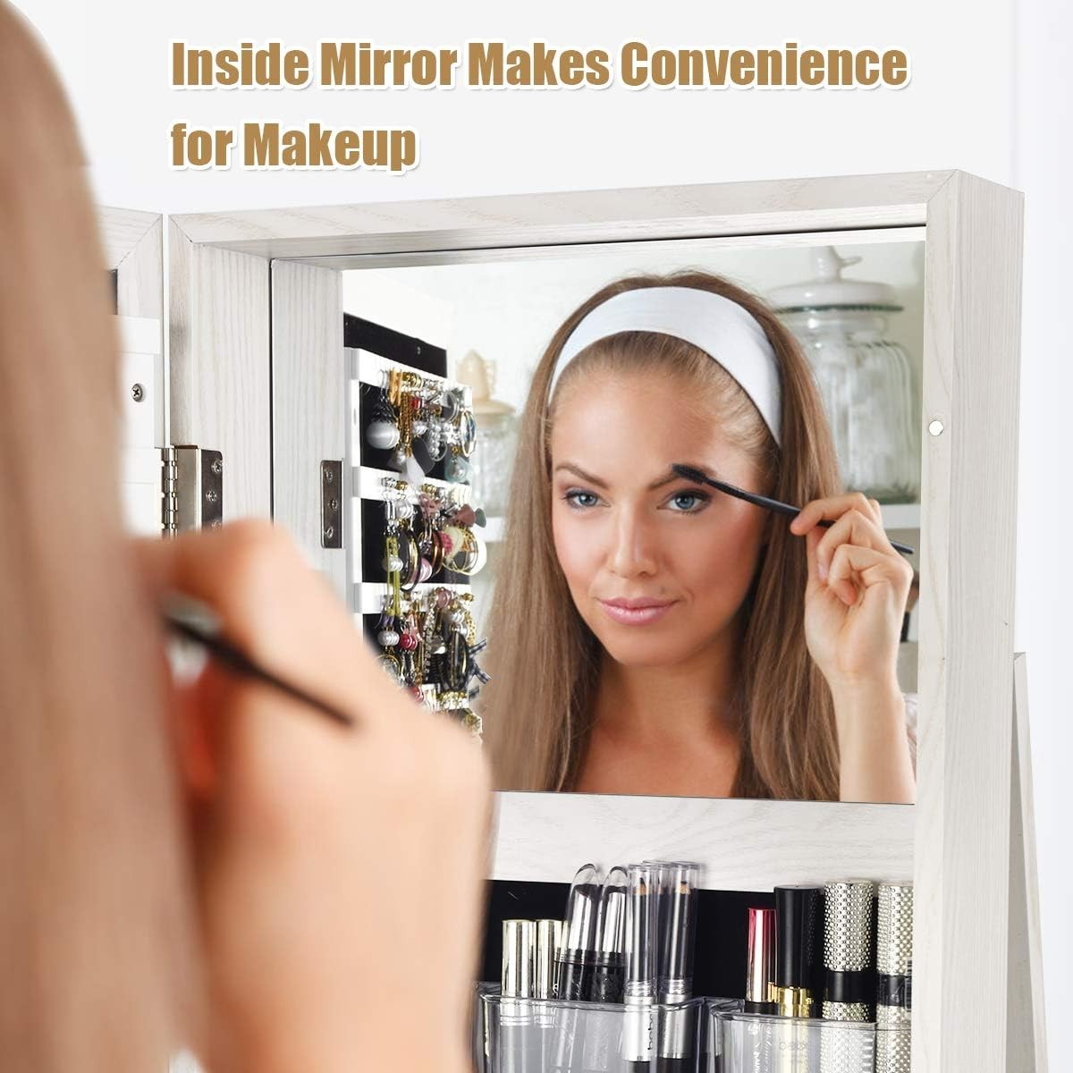 White 360° Swivel Jewelry Cabinet Mirror Lockable 3-in-1 Storage Stand