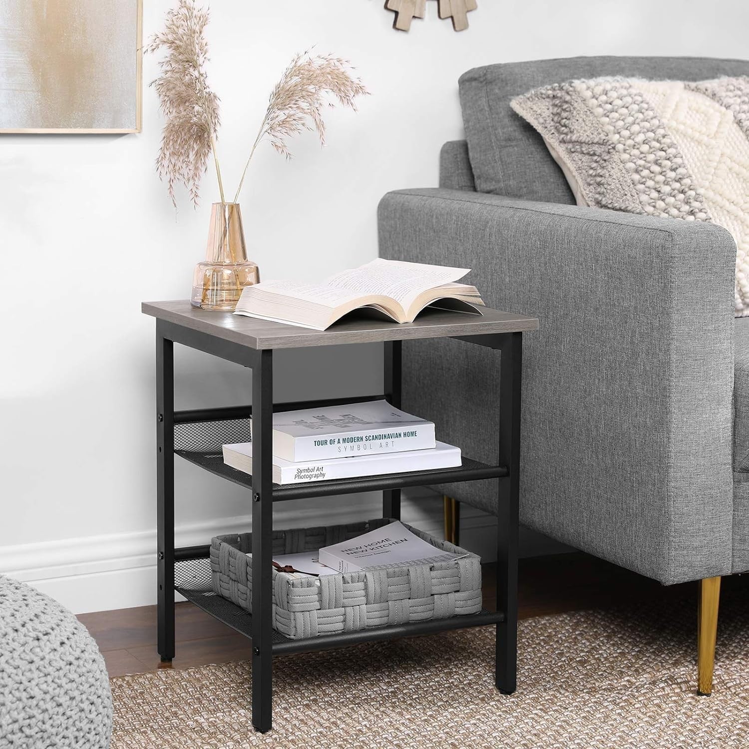 Industrial Side Table with Adjustable Mesh Shelves, Modern Bedside End Table