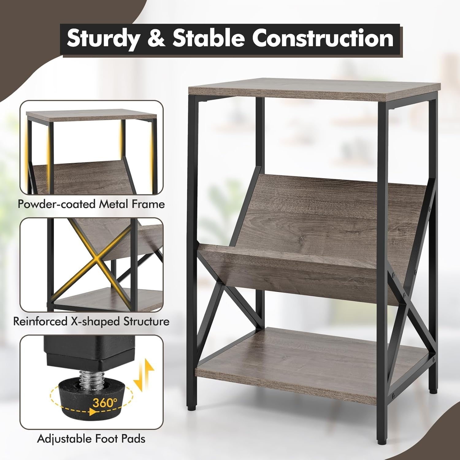 Industrial Record Player Side Table with Storage Shelf, Metal Frame, 2-Tier End