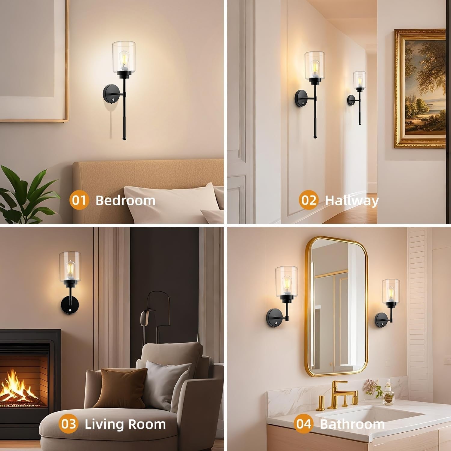 Wireless Battery Operated Wall Sconce Set of 2 with Remote, Dimmable, Black