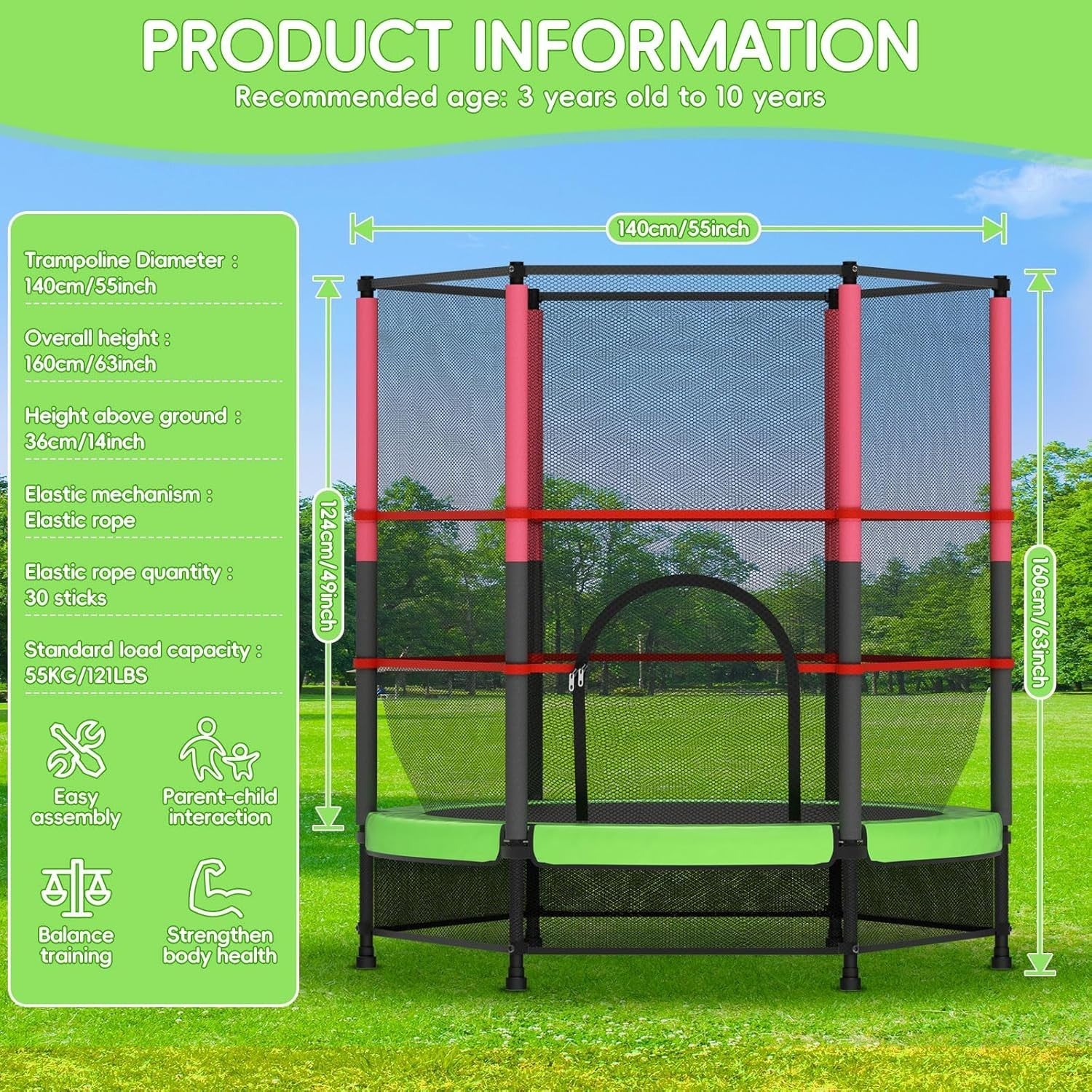 140cm Kids Trampoline with Safety Net Indoor Outdoor Toddler Green