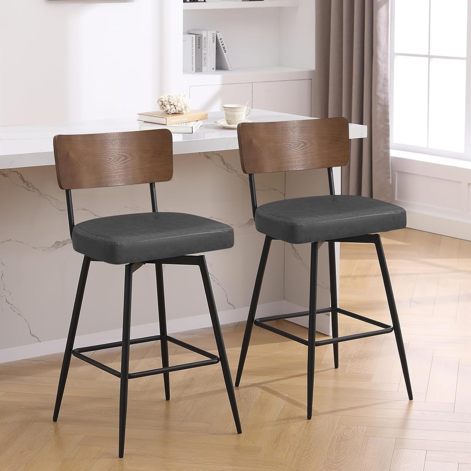 Swivel Bar Stools Set of 2 PU Leather Grey Wood Back 65cm Seat
