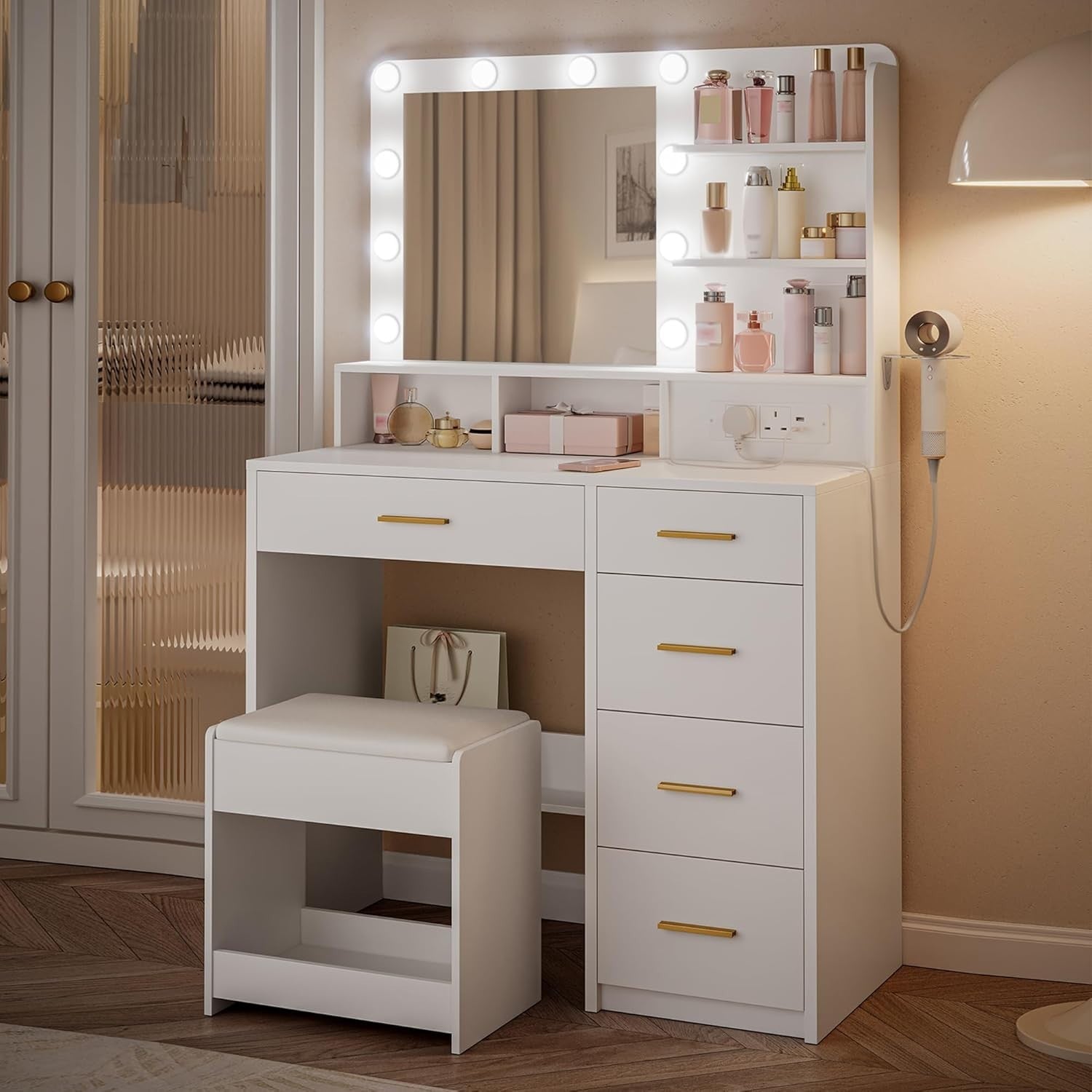 White Vanity Dressing Table Set LED Mirror Power Outlet 5 Drawers Stool Storage