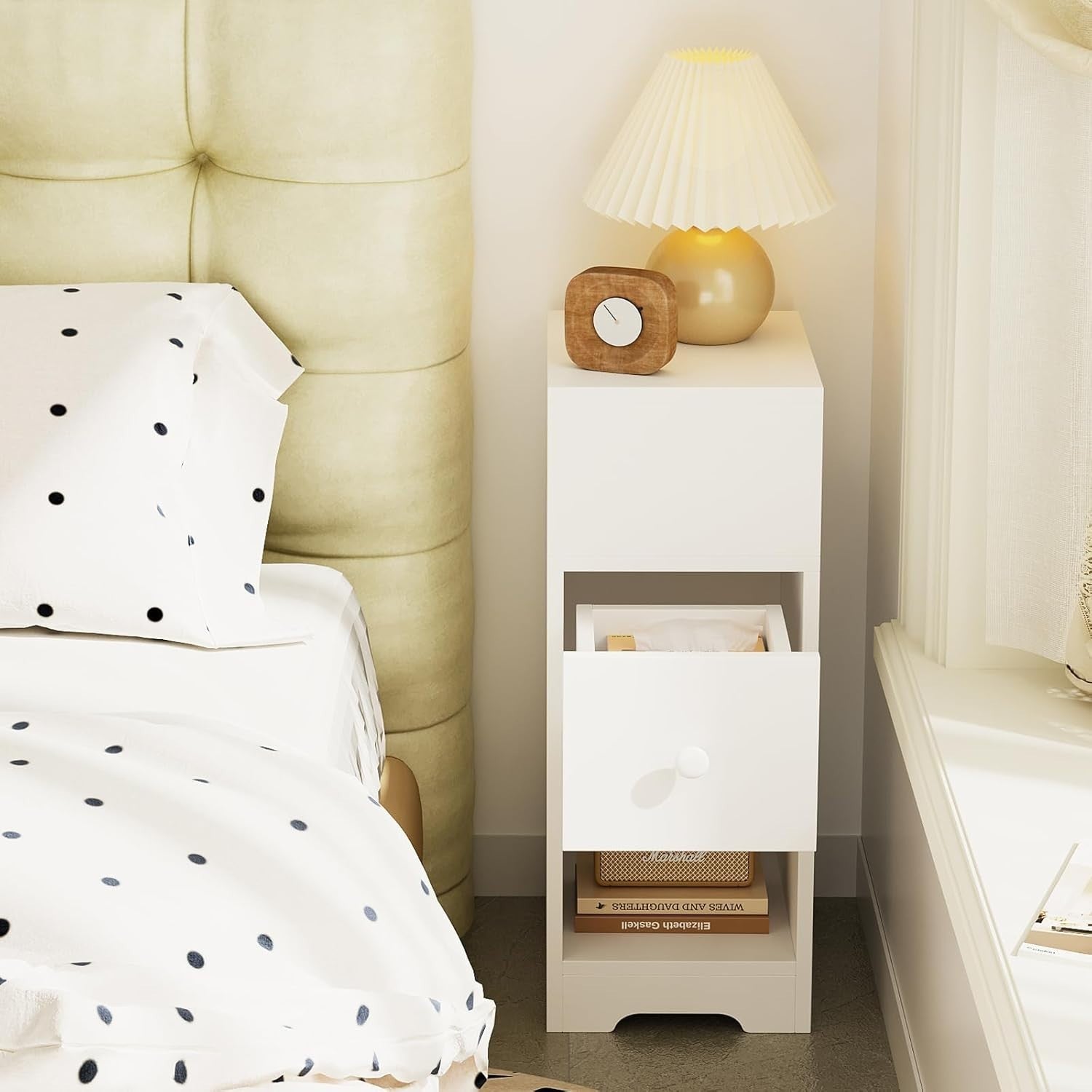Set of 2 Slim White Bedside Tables with Drawer & Shelves | Modern
