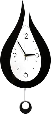 Modern Silent Wall Clock Water Drop Design with Pendulum 20.4” Black White