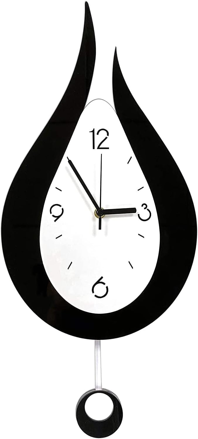 Modern Silent Wall Clock Water Drop Design with Pendulum 20.4” Black White