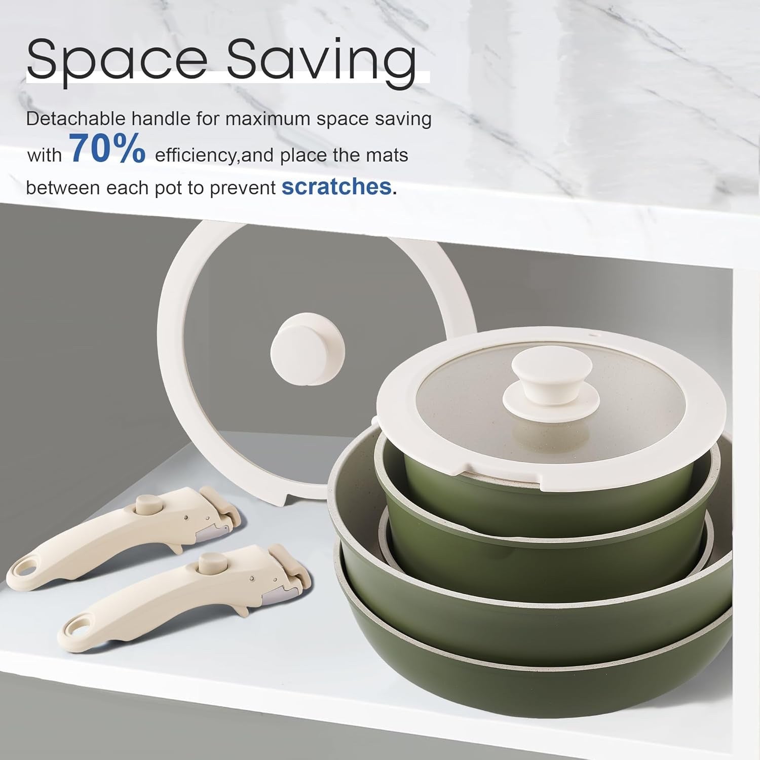 5Pcs Green Pots Pans Set with Glass Lids & Detachable Handle Induction Safe