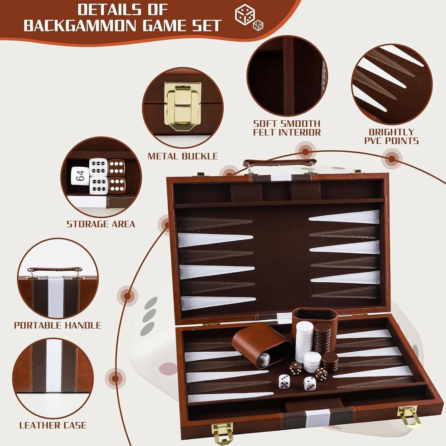 Luxury Backgammon Set 15 Inch Wooden Travel Board with Leather Case