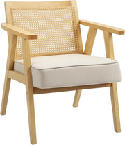 Fabric Accent Armchair With Rattan Back Solid Wood Indoor Lounge Chair