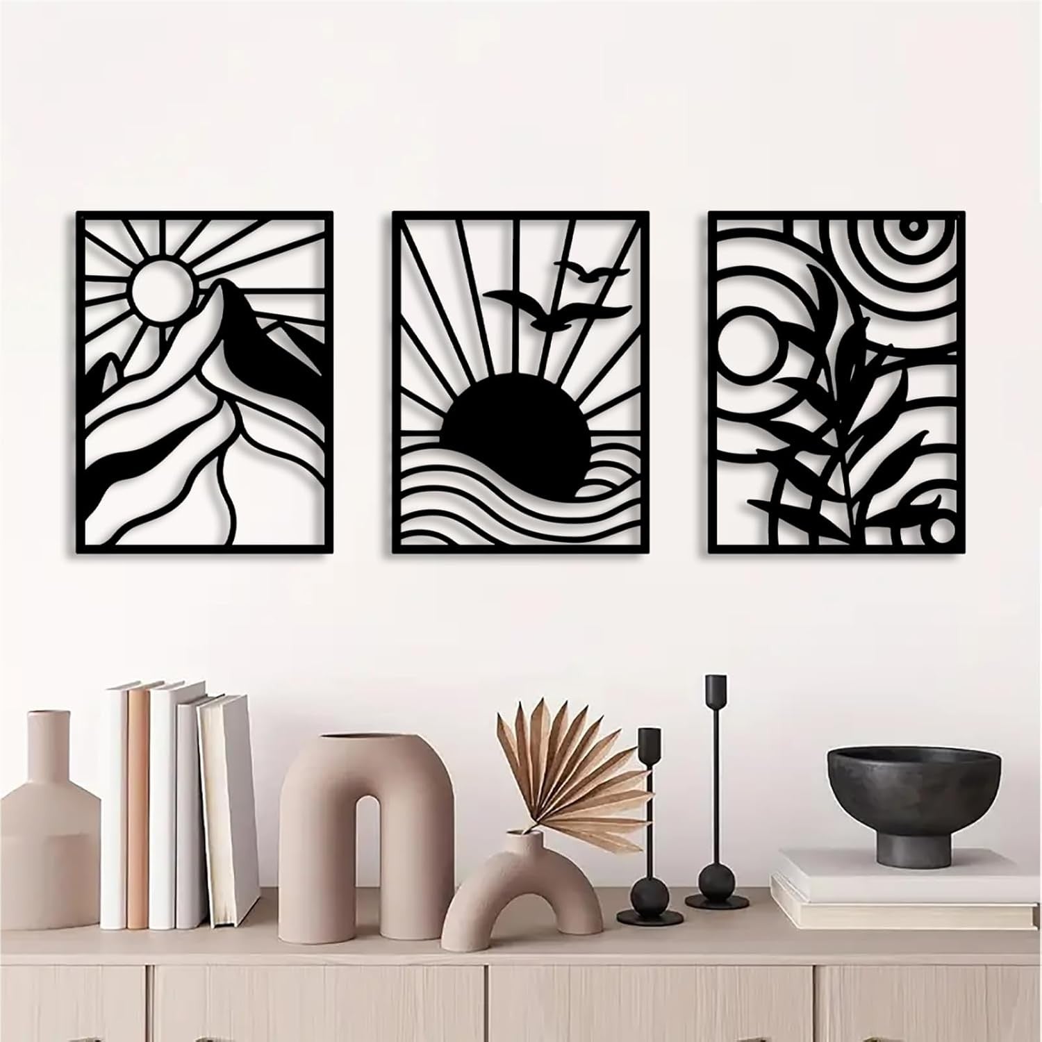 Large Metal Wall Art Set 3 Abstract Boho Black Minimalist Hanging Decor