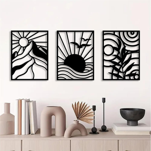 Large Metal Wall Art Set 3 Abstract Boho Black Minimalist Hanging Decor