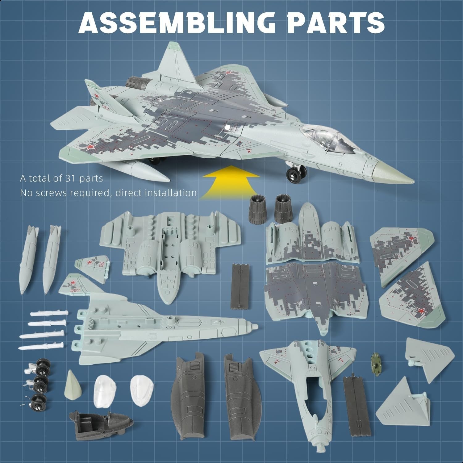 1:72 SU-57 Fighter Jet Model Kit with Stand - Military Plane DIY Assembly 39pcs