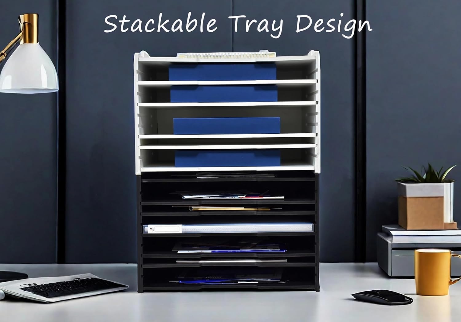 4-Tier Adjustable Desk Organizer File Tray, Letter Mail Holder, PVC Desktop