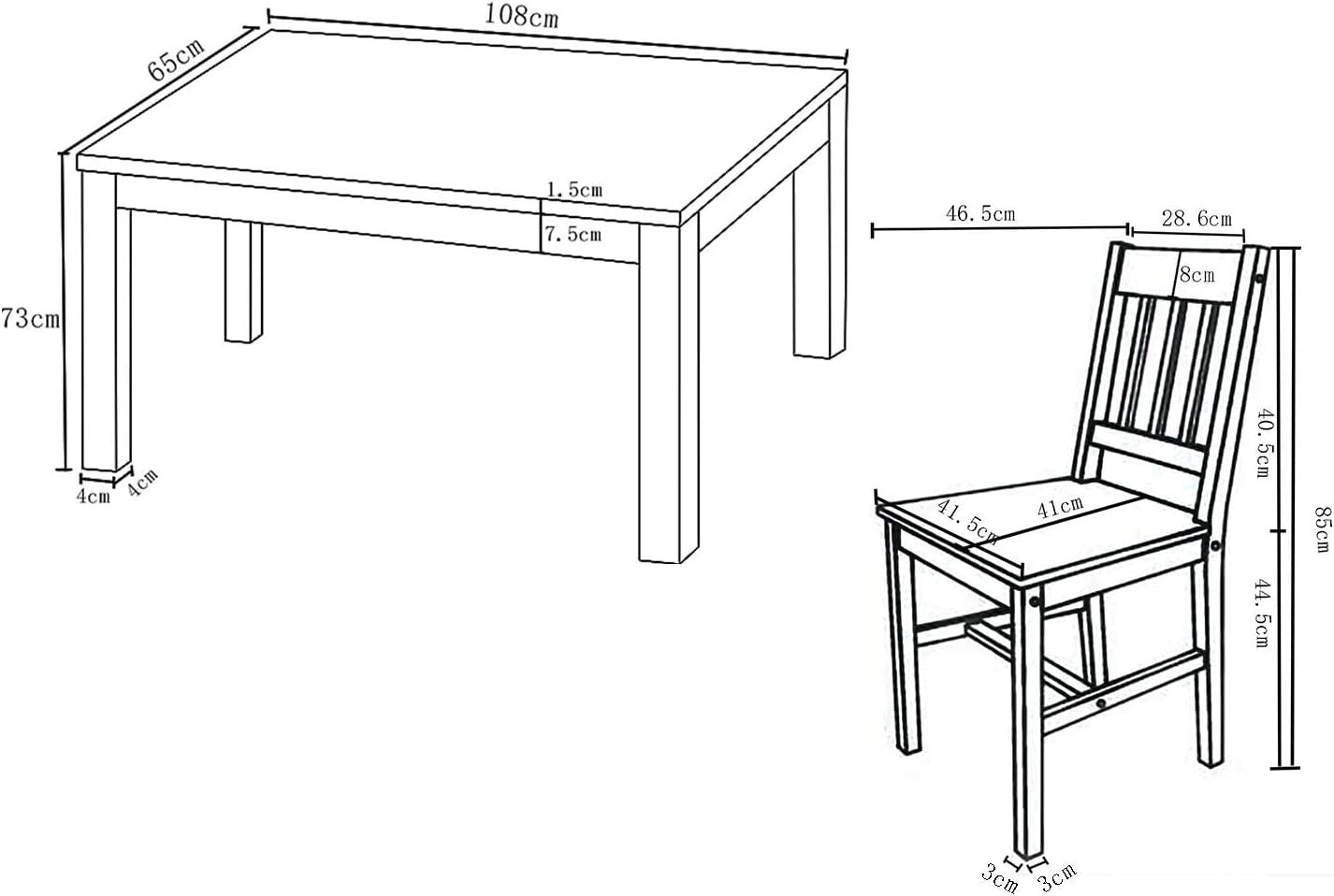 Solid Pine Wood Dining Table Set 5pcs White Kitchen Chairs Rectangular