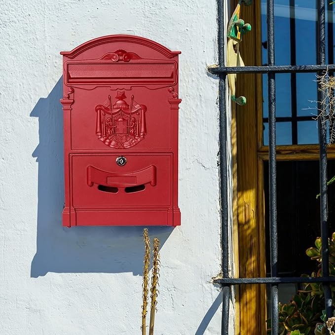 Wall Mounted Red Aluminium Mailbox DIN A4 Lockable Weatherproof Secure Post Box