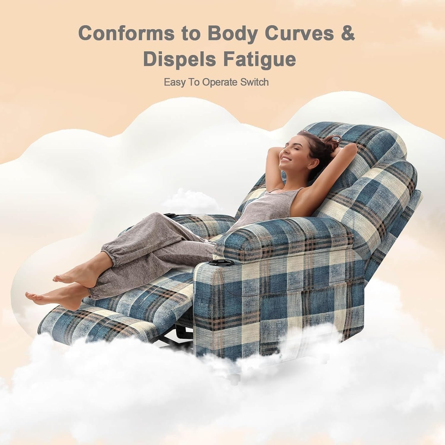 Power Lift Recliner Chair Massage Heat USB Type-C Cup Holders Fabric Blue Plaid