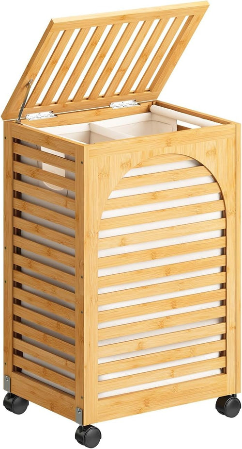 85L Natural Bamboo Laundry Hamper on Wheels 2 Section Basket with Lid & Liner