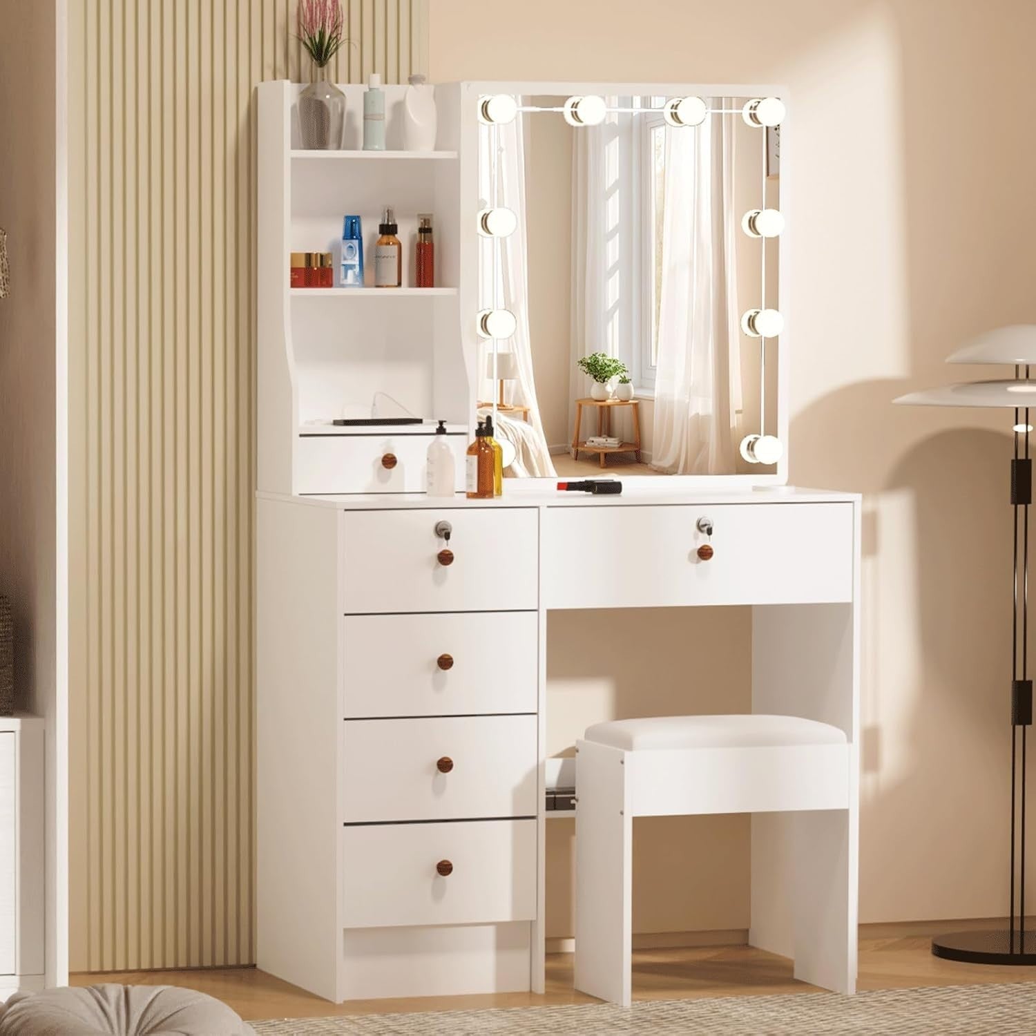 Modern Dressing Table Vanity Set Makeup Desk Mirror Stool Drawers Storage