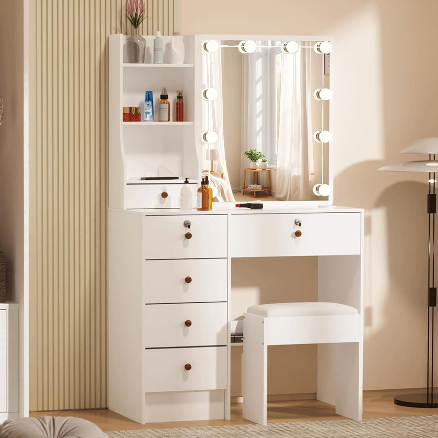 Modern Dressing Table Vanity Set Makeup Desk Mirror Stool Drawers Storage