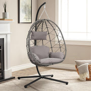 Hanging Egg Chair with Stand Cushioned Rattan Swing Seat for Garden Balcony