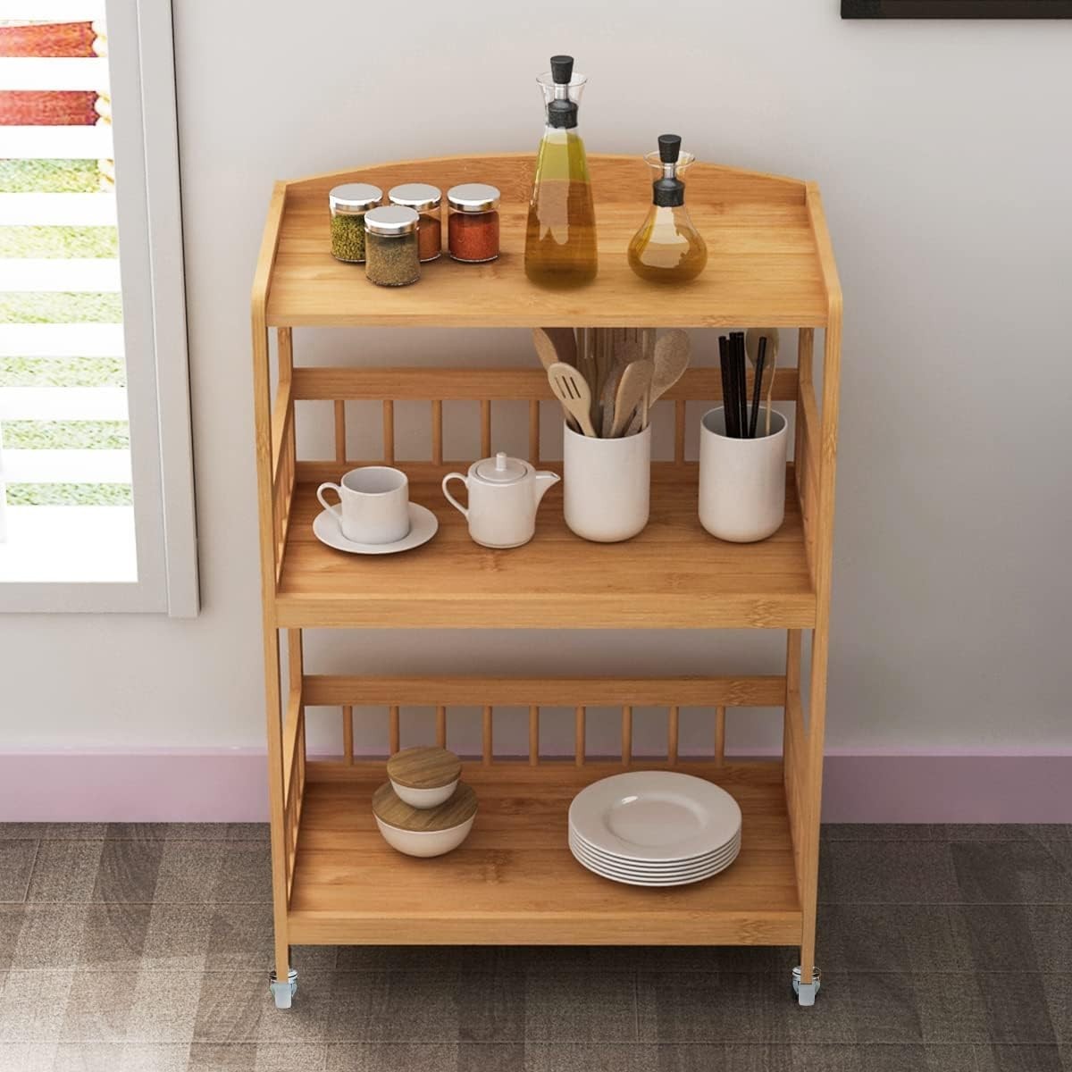 Bamboo Kitchen Trolley 3 Tier 80cm Wheels
